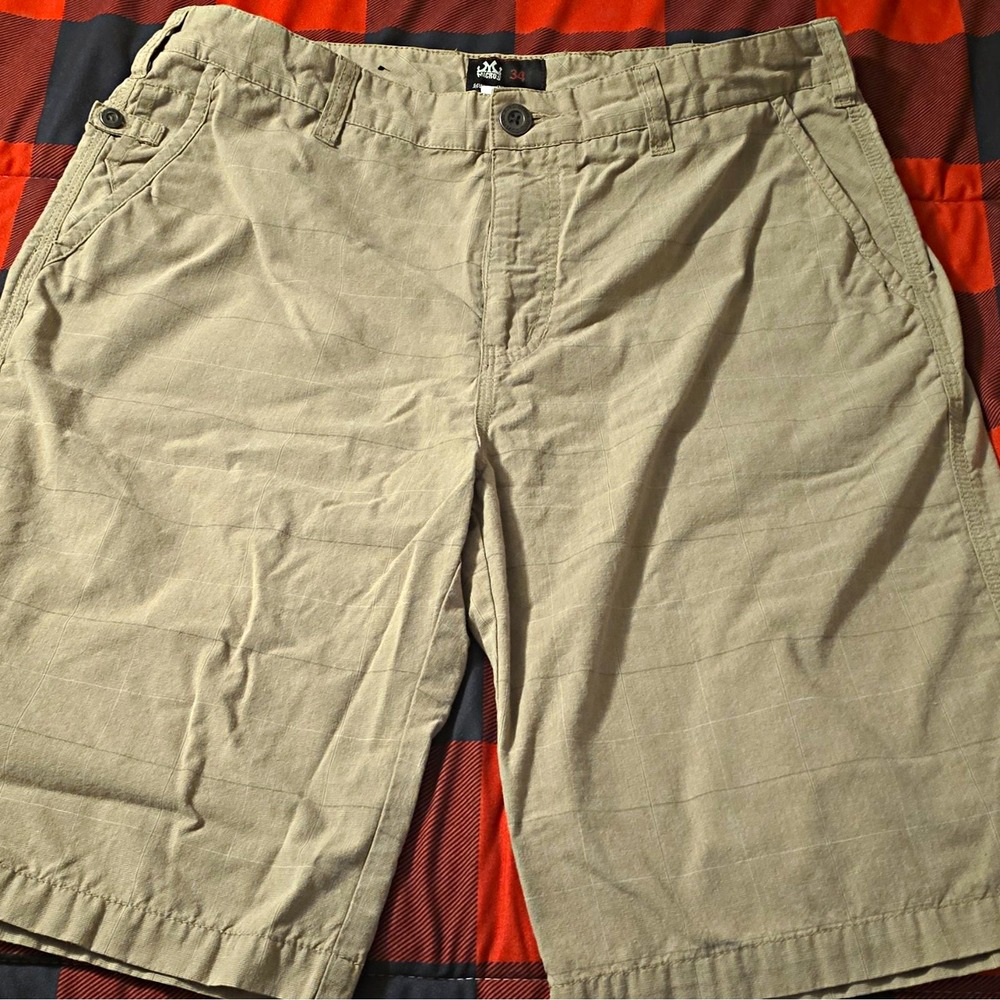 Micros Men's Beige Plaid Chino Shorts Cotton Flat Front Zip Pockets